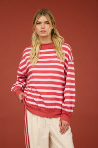 Contrast Wide Neck Long Sleeve Stripe Knit Top