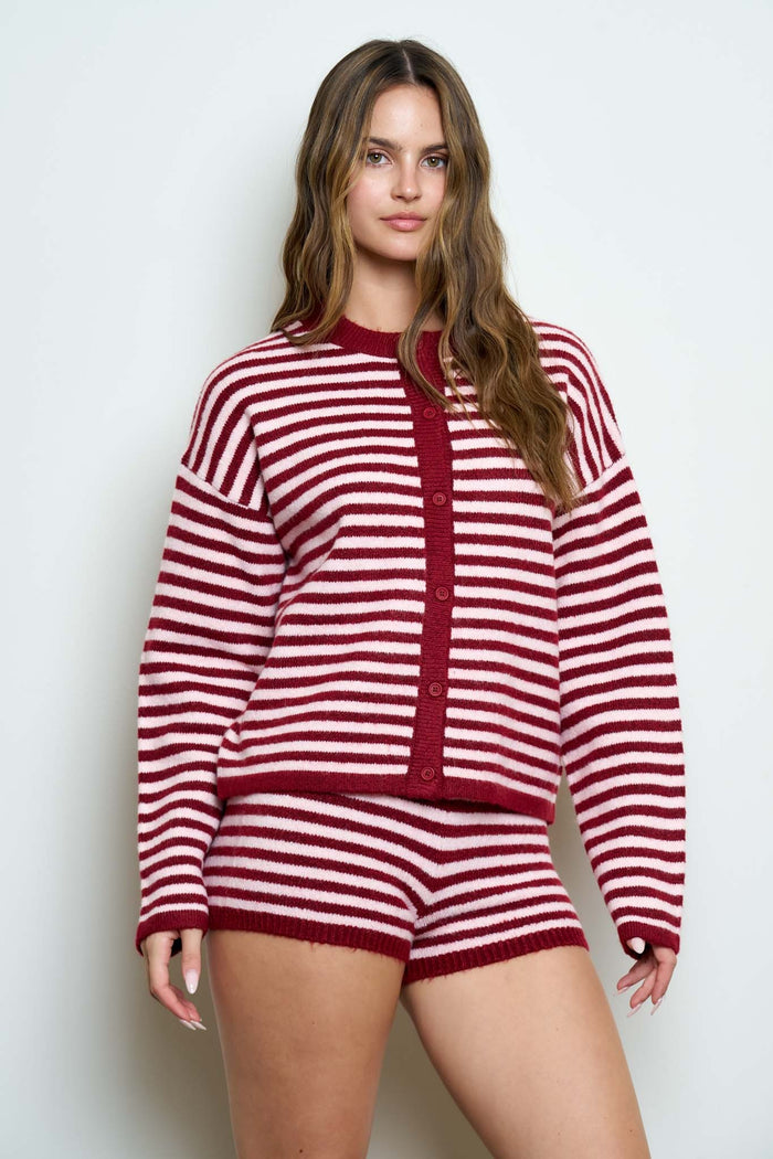 Striped Button Down Long Sleeve Contrast Cardigan