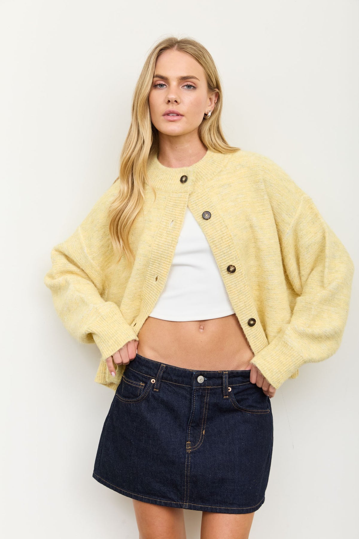 Marled Ribbed Trim Button Down Knit Cardigan