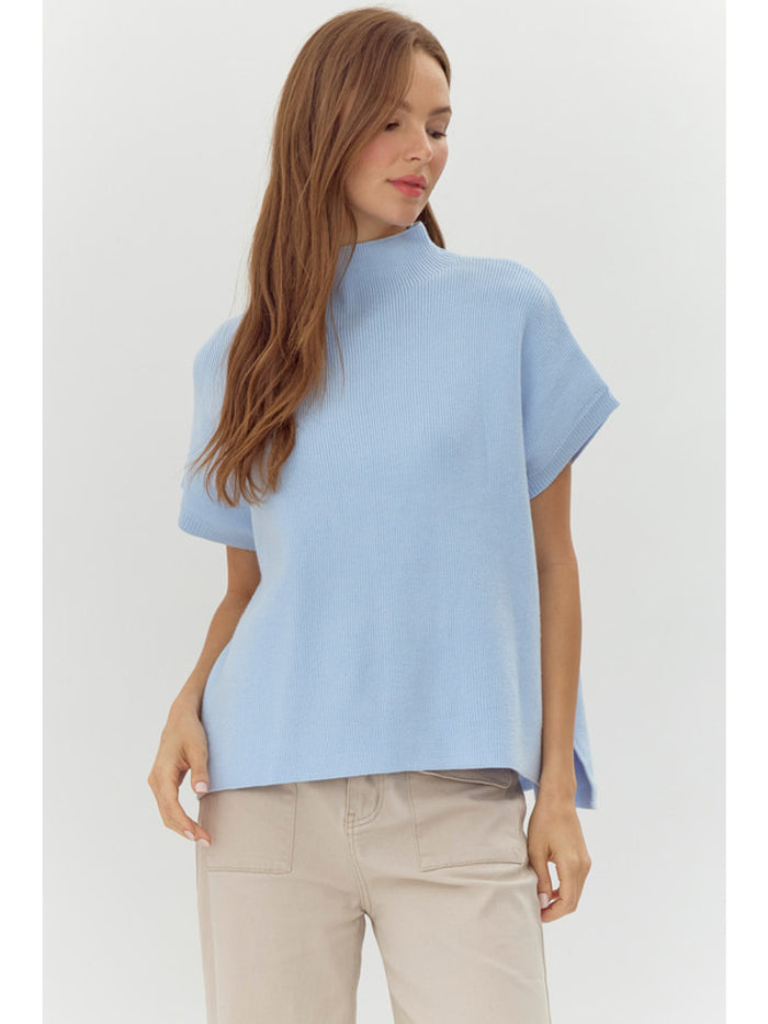 Ribbed knit top with mock neck, short dolman sleeves