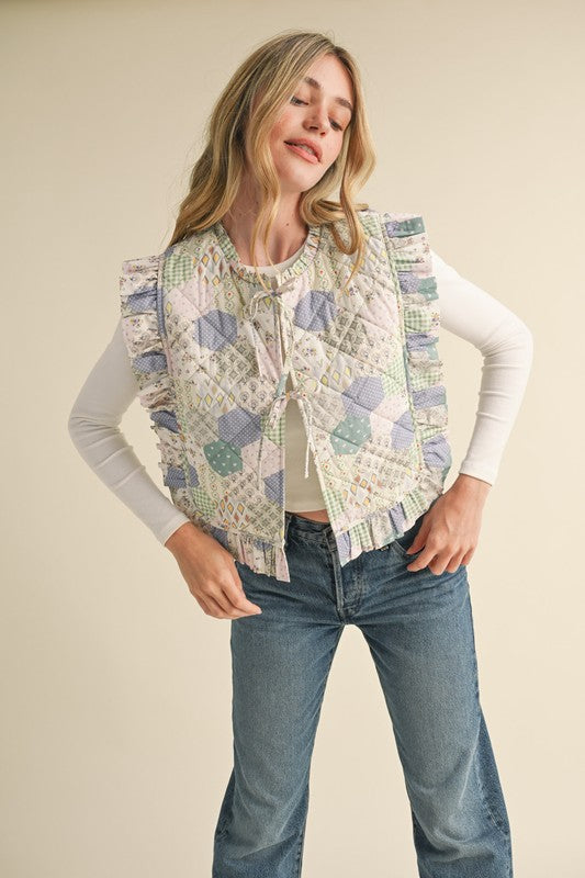 RUFFLE TRIM PATCHWORK QUILTED VEST