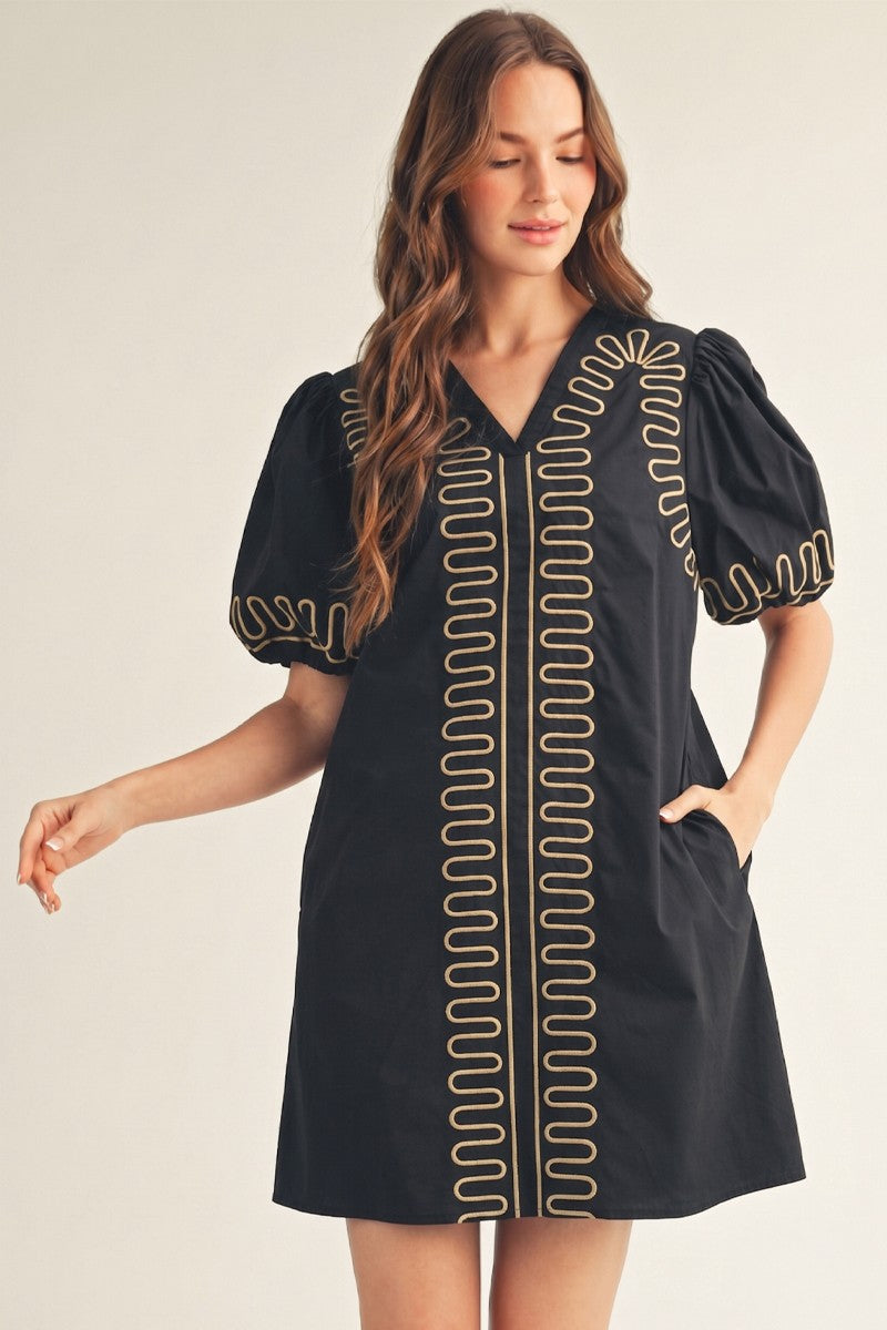 Puff Sleeves Embroidered Shift Dress