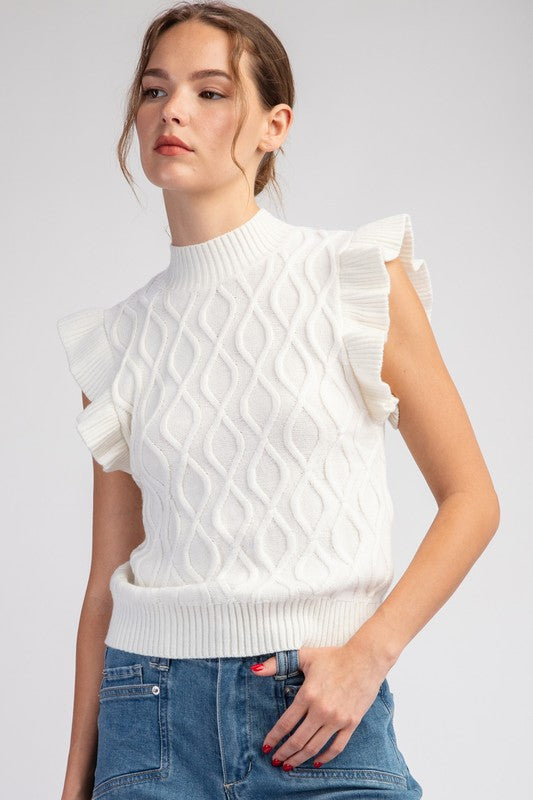 RUFFLE SLEEVE TEXTURED SWEATER TOP