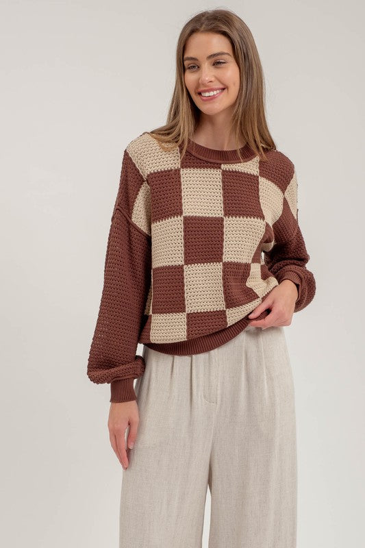 CHECKERED CROCHET KNIT LONG SLEEVE SWEATER