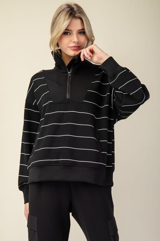 MODAL POLY SPAN STRPE QUARTER ZIP MOCK NECK PULLOVER