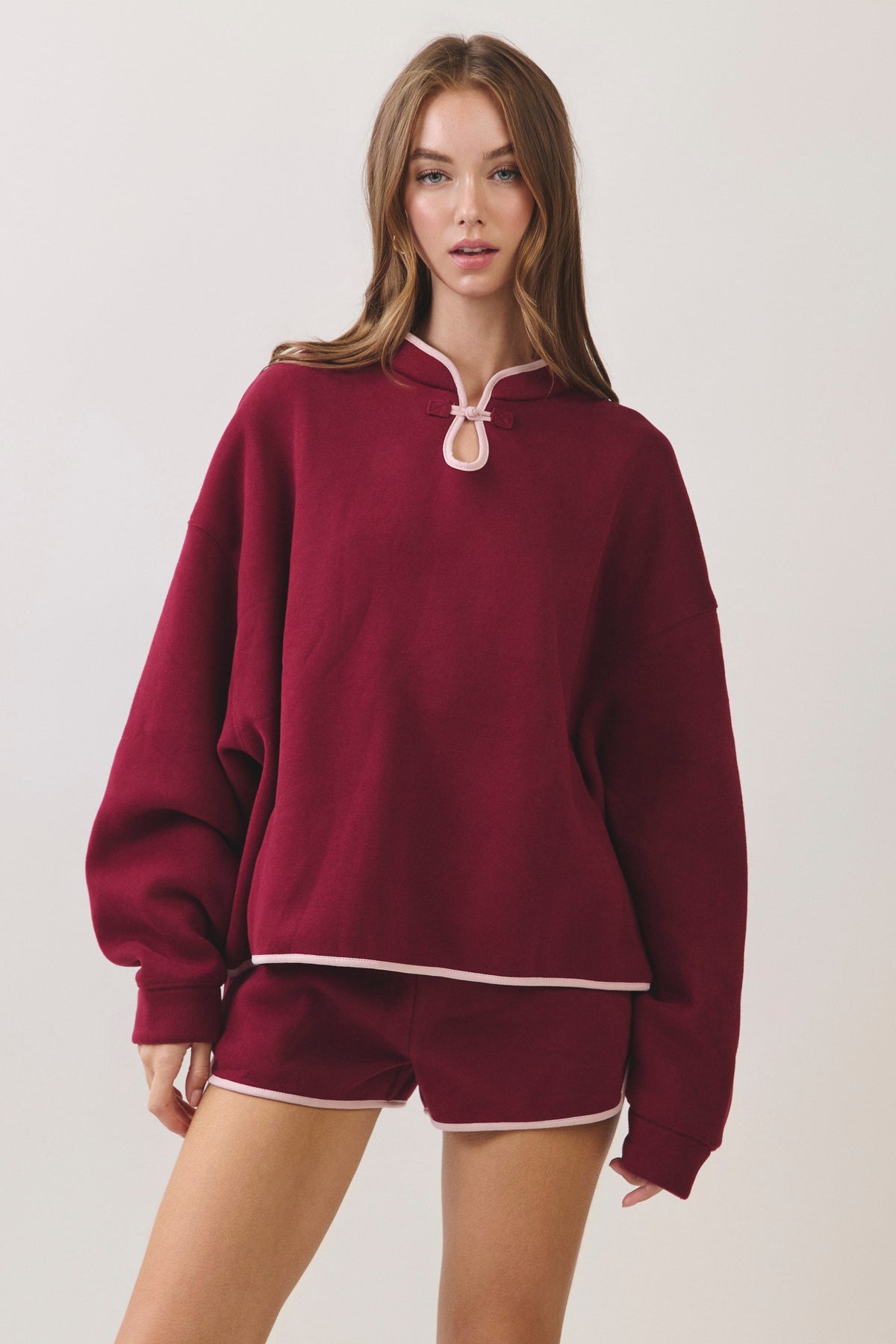 Contrast Trim Mandarin Collar Sweatshirt