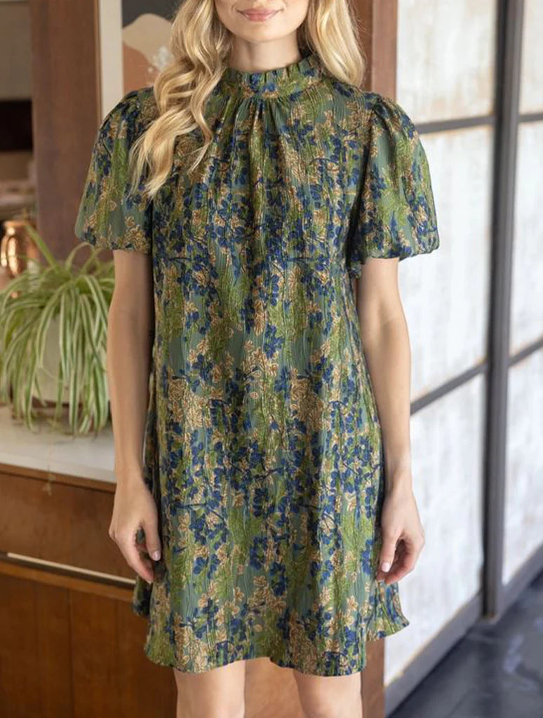 High Collar Tie Back Pleated Floral Dress