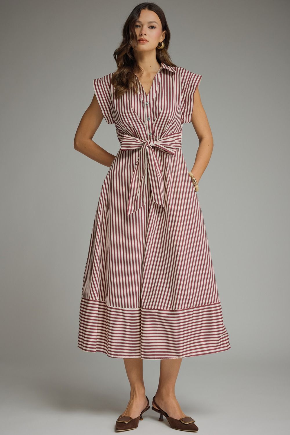 Striped cap sleeve midi dress featuring V-neck with self-tie detail