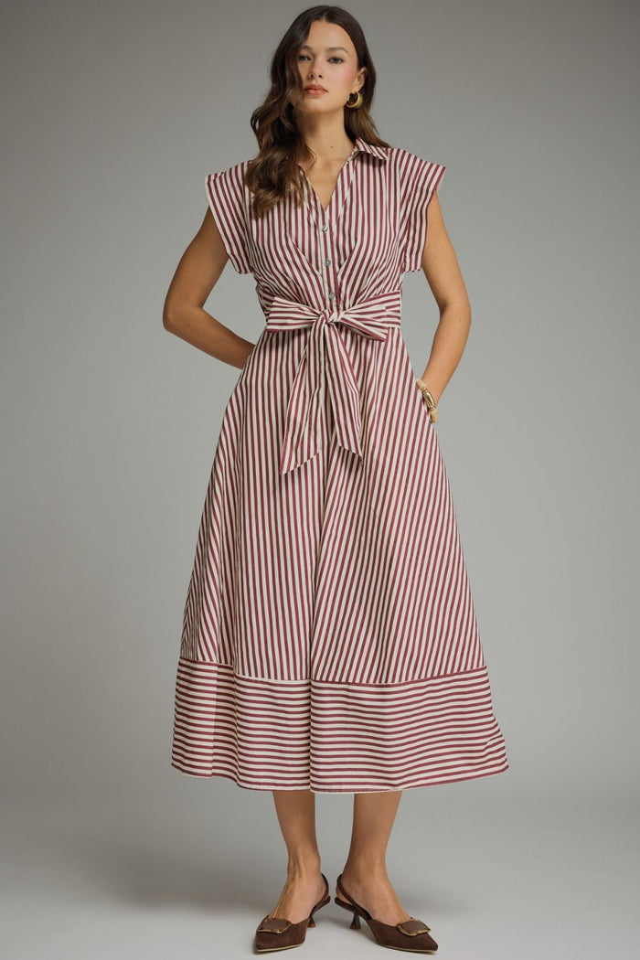 Striped cap sleeve midi dress featuring V-neck with self-tie detail
