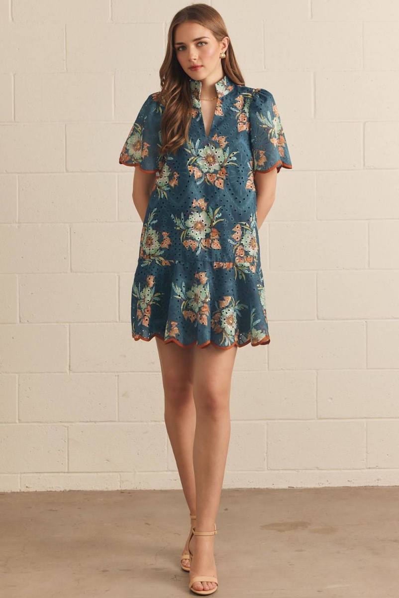 Teal Floral Eyelet Mini Dress