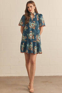 Teal Floral Eyelet Mini Dress