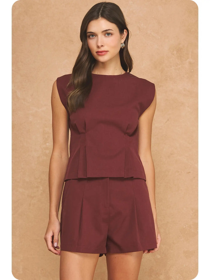 Tailored Sleeveless Pleated Waist Structured Woven Top