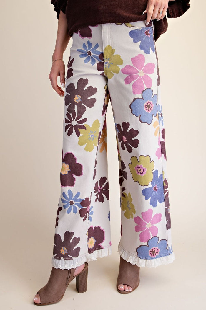 FLORAL PRINTED ENZYME WASHED STRETCH TWILL PANTS