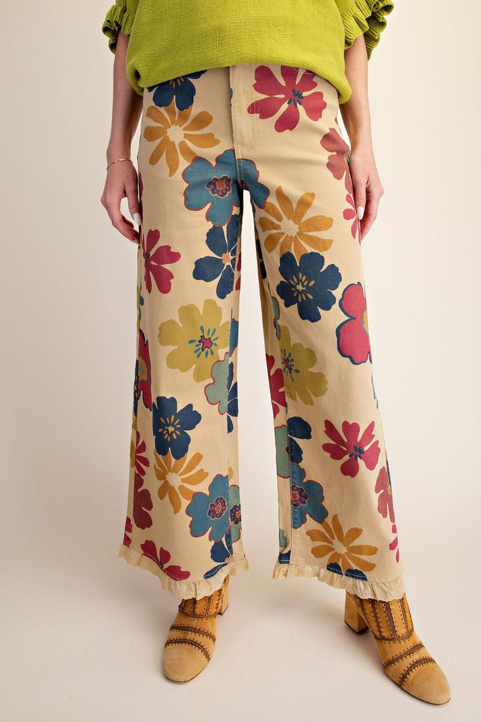 FLORAL PRINTED ENZYME WASHED STRETCH TWILL PANTS