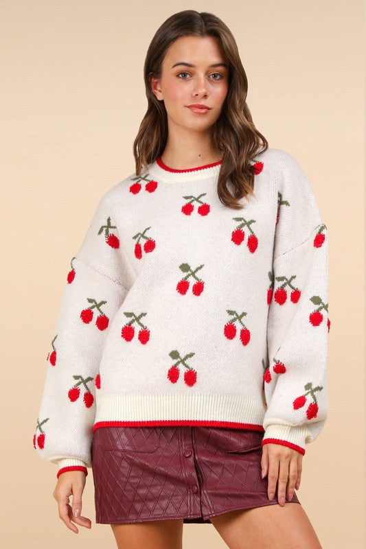 Oversized Cherry Graphic Knit Sweater Top