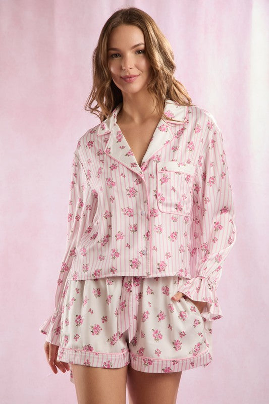 Stripe & Floral Prints Satin Pajamas Set