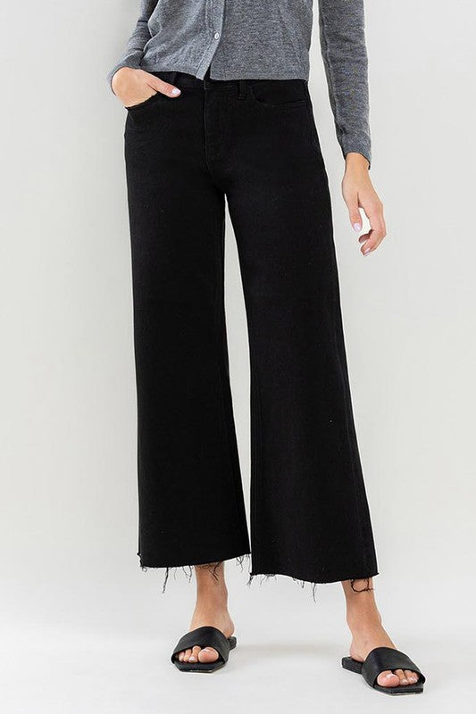 LOVERVET HIGH RISE RAW HEM CROP WIDE LEG JEANS