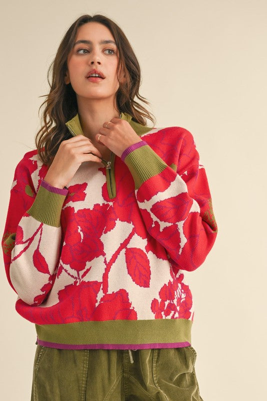 FLORAL KNIT MOCK NECK HALF ZIP PULLOVER