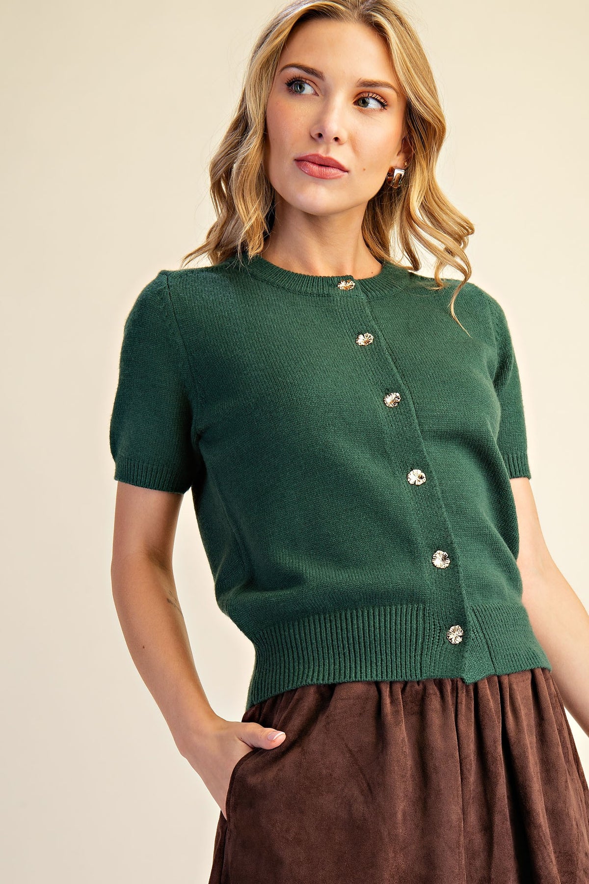 Short Sleeves Gold Metal Button Cardigan