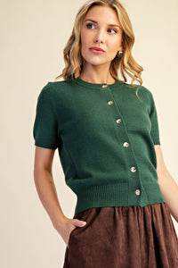 Short Sleeves Gold Metal Button Cardigan