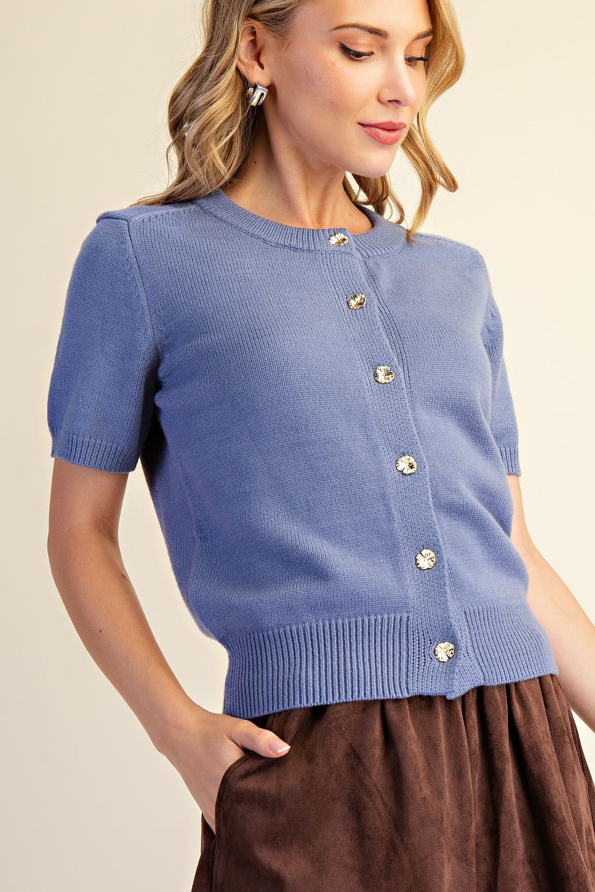 Short Sleeves Gold Metal Button Cardigan