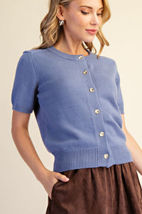 Short Sleeves Gold Metal Button Cardigan