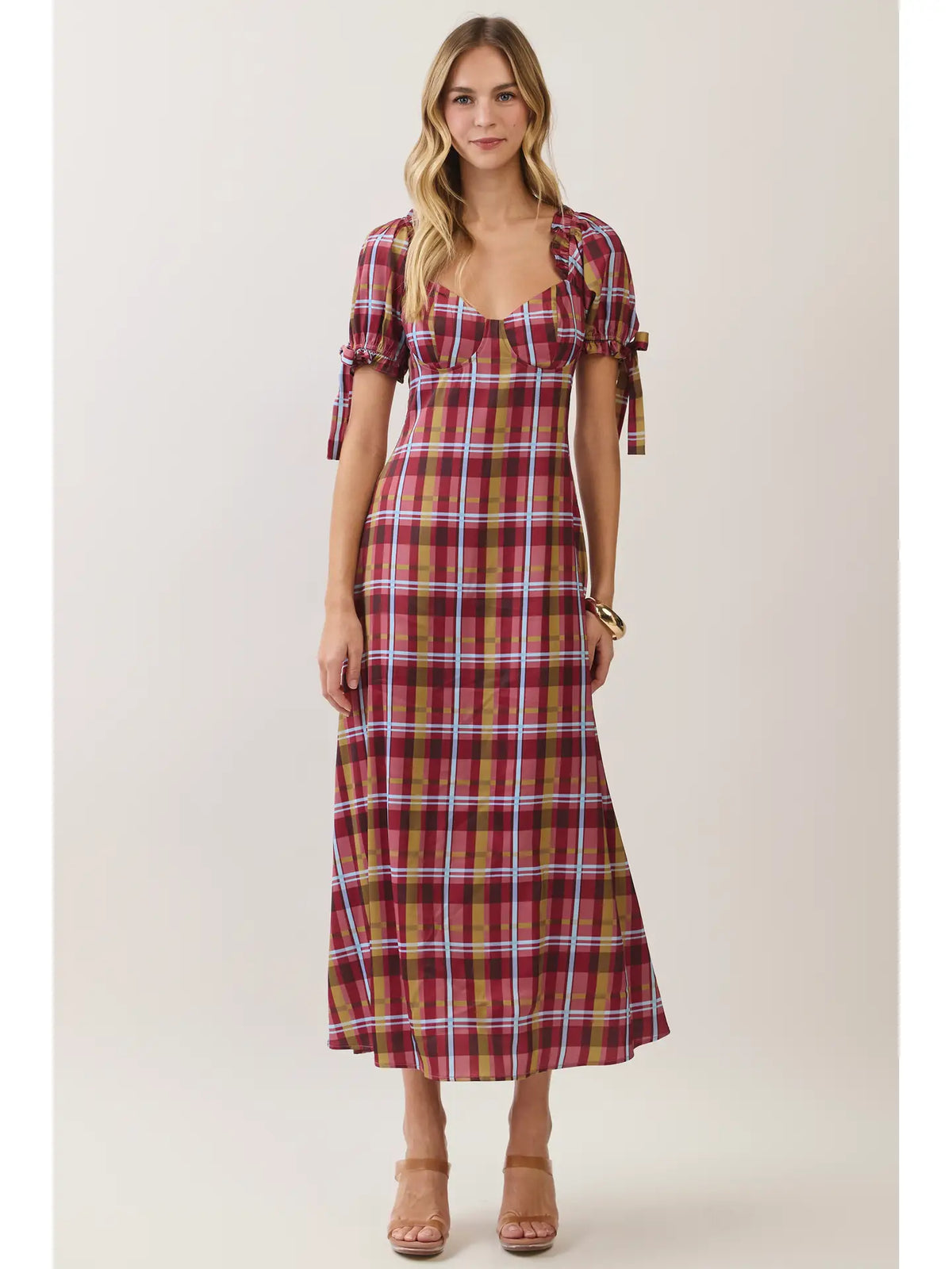 Plaid Puff Sleeve Maxi Dress