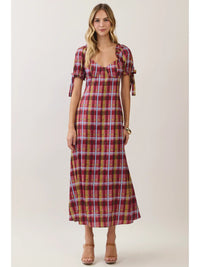 Plaid Puff Sleeve Maxi Dress