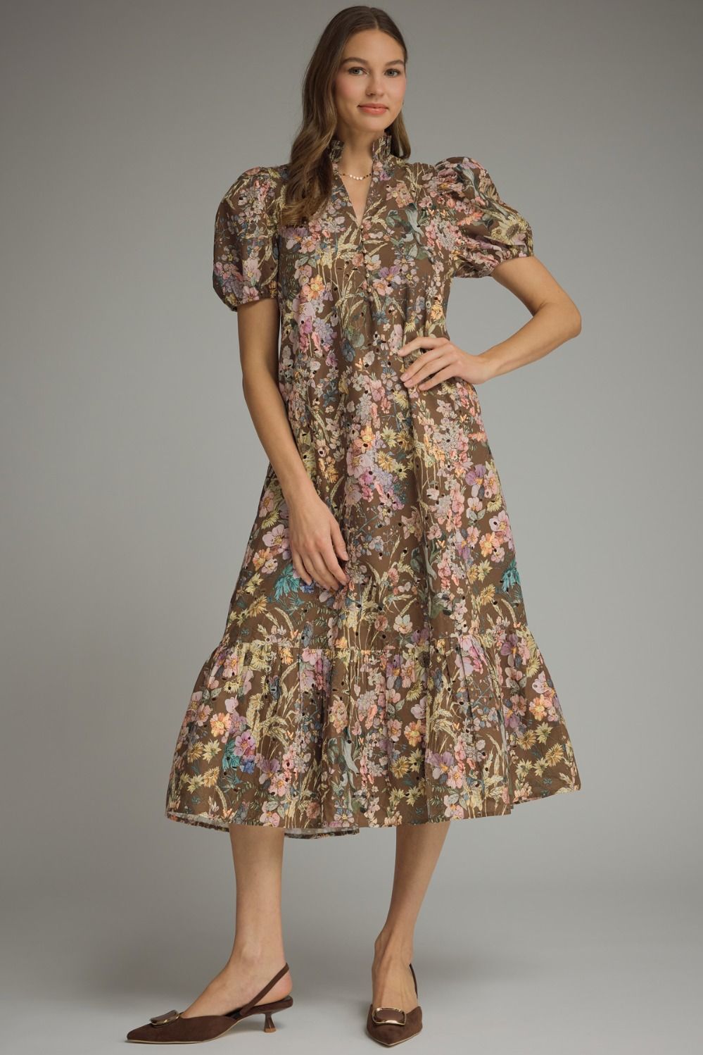 Floral eyelet short puff sleeve midi dress