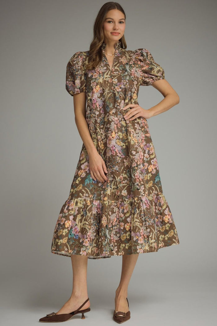 Floral eyelet short puff sleeve midi dress
