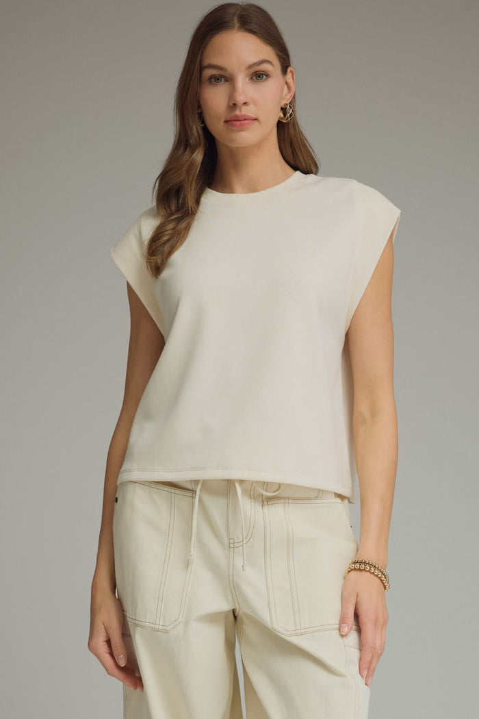 Solid round neck cap sleeve top