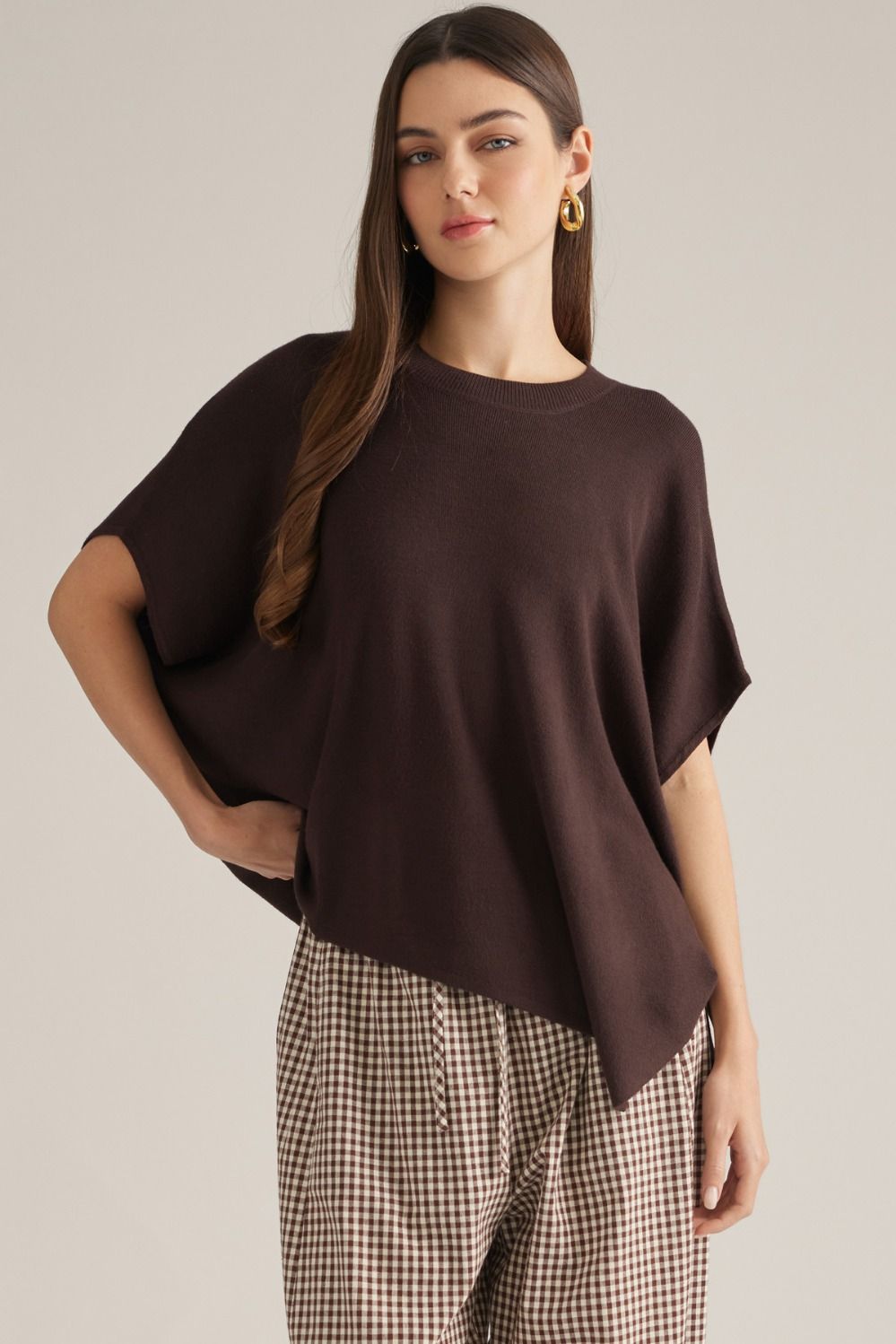 Solid short poncho sleeve sweater top