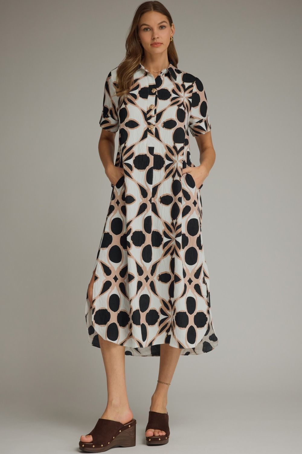 Printed short sleeve midi shirt dress