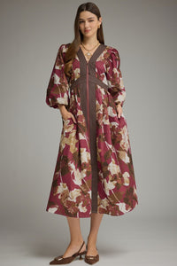 Floral print ¾ balloon sleeve midi dress