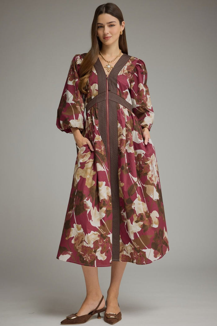Floral print ¾ balloon sleeve midi dress