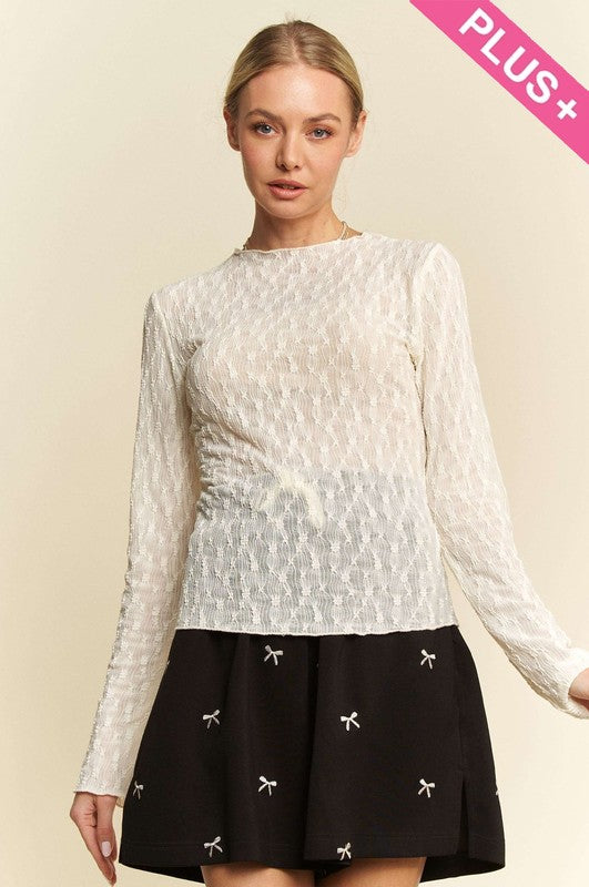 PLUS LONG SLEEVE SHEER EMBROIDERED BOWS LACE TOP