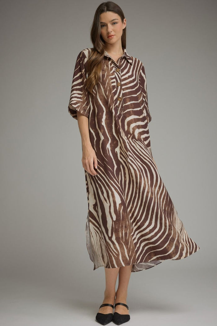 Abstract zebra print elbow sleeve midi dress