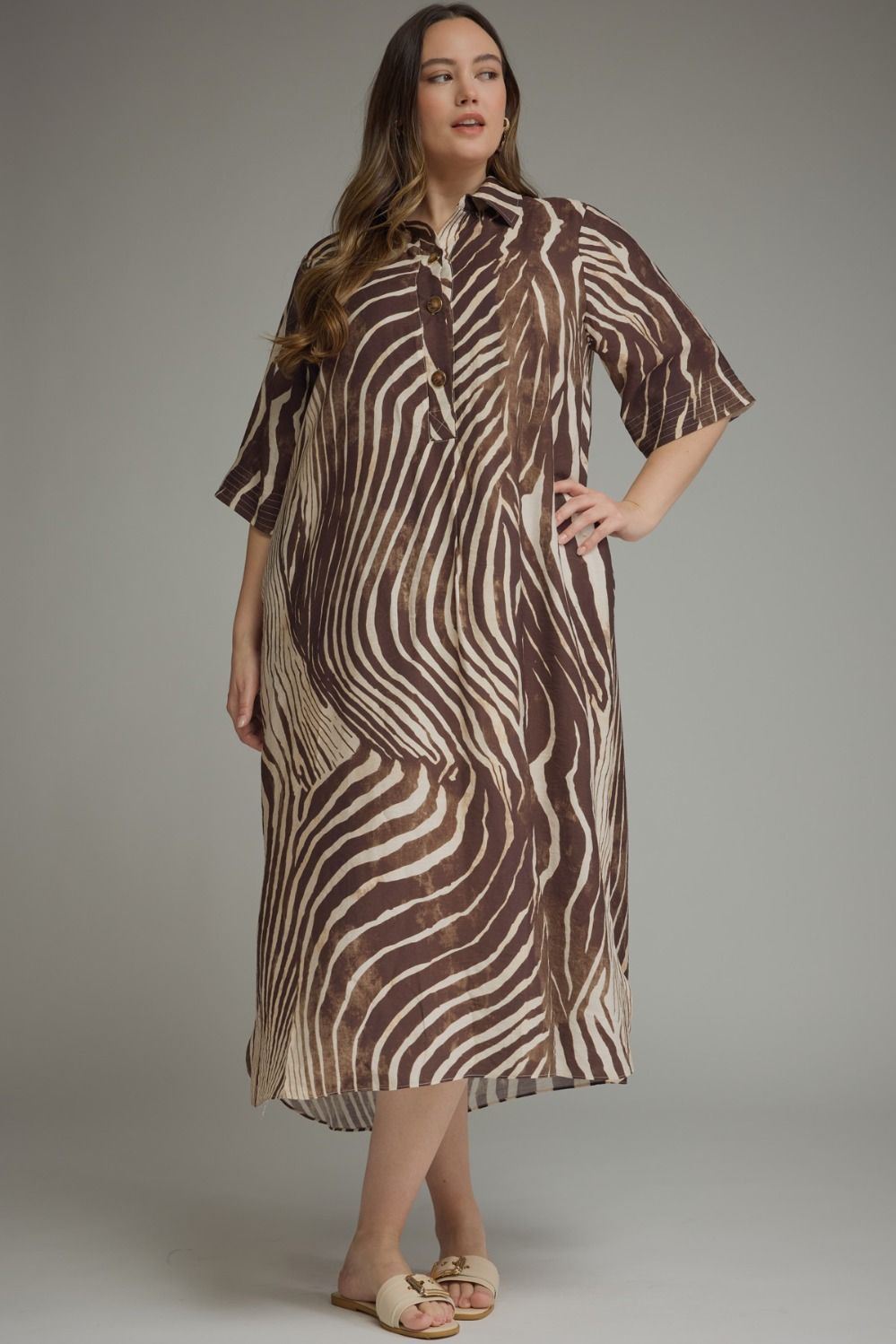 Abstract zebra print elbow sleeve midi dress