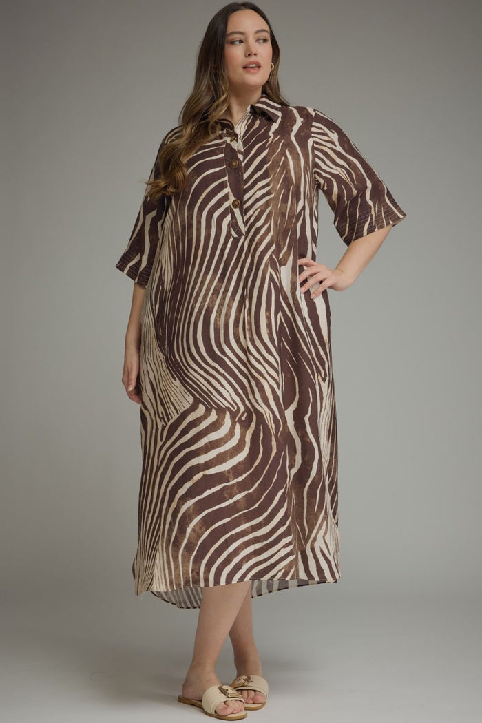 Abstract zebra print elbow sleeve midi dress