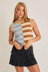 SLEEVELESS MOCK NECK COLOR BLOCK CROPPED SWEATER