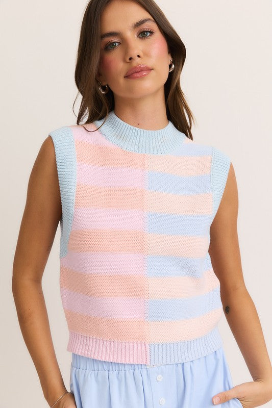 SLEEVELESS MOCK NECK COLOR BLOCK CROPPED SWEATER