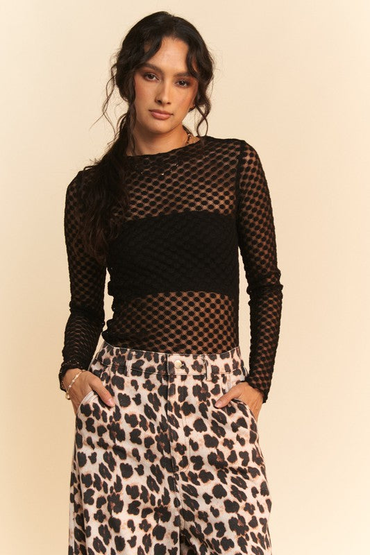 LONG SLEEVE DOT CRISPIN LACE LAYERING MESH TOP