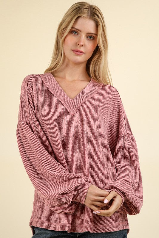 Two Tone Otto Ribbed V-Neck Knit Top