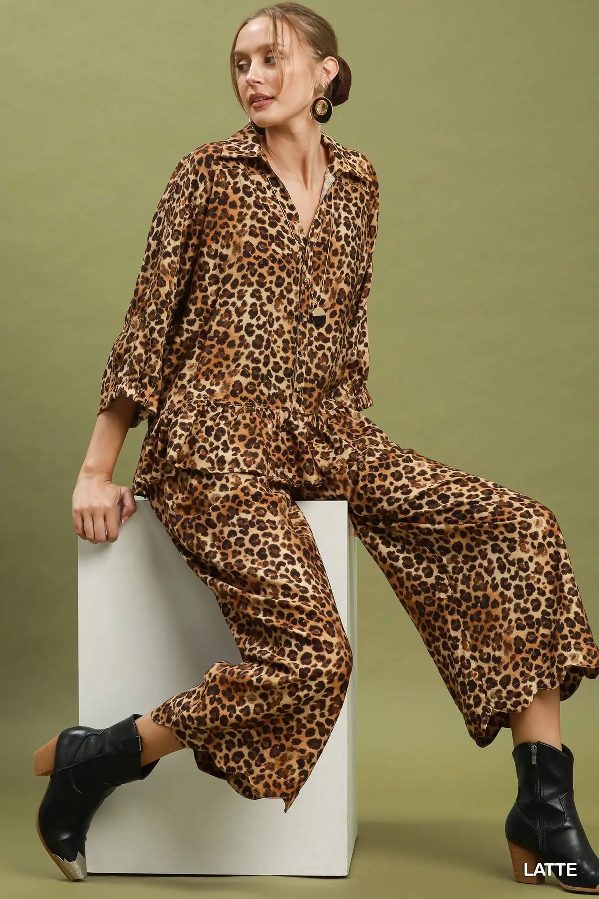 Leopard Print Scallop Hem Wide Leg Pants