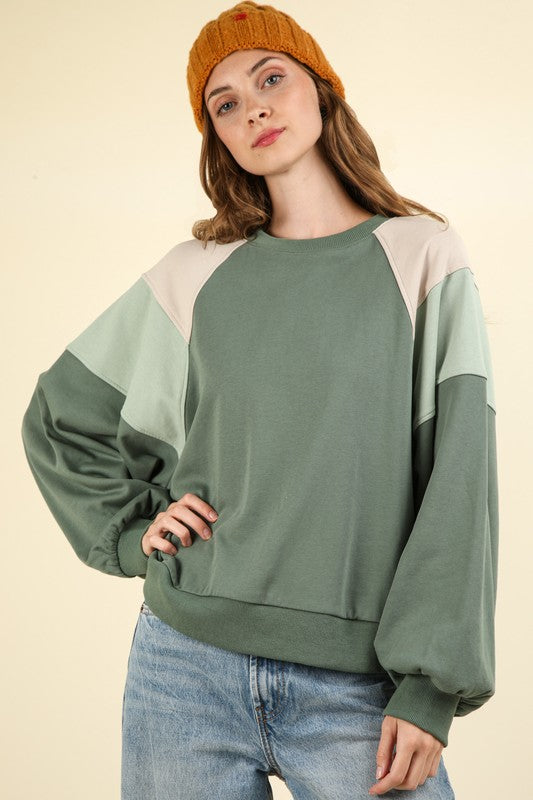 ColorBlock Raglan Sleeve Comfy Knit SweatShirt Top