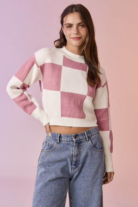 Harper Checkerboard Crop Sweater Top