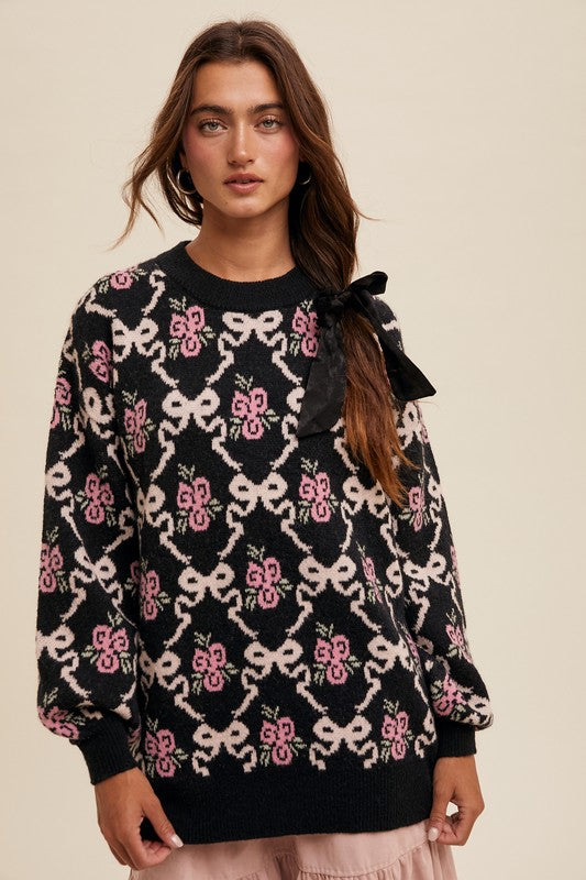 Bow and Flower Pattern Oversized Knit Sweater