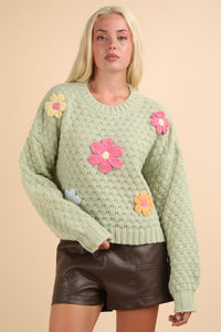 Hand Made Flower Applique Knit Sweater Top