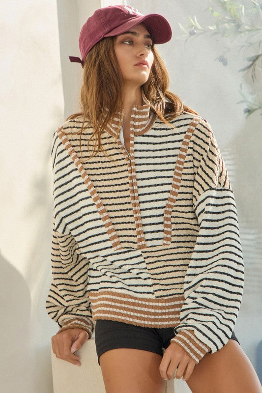 Funnel-Neck Half Zip Contrast Details Striped Top