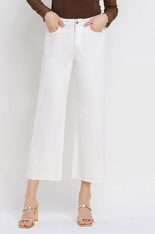 VERVET HIGH RISE CLEAN CUT RAW HEM CROP WIDE LEG JEANS